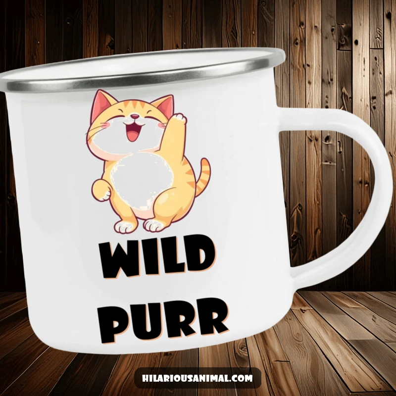 Funny happy cat camping mug featuring a feline arching its back and chattering with delight, ready for campfire chats and laughter.