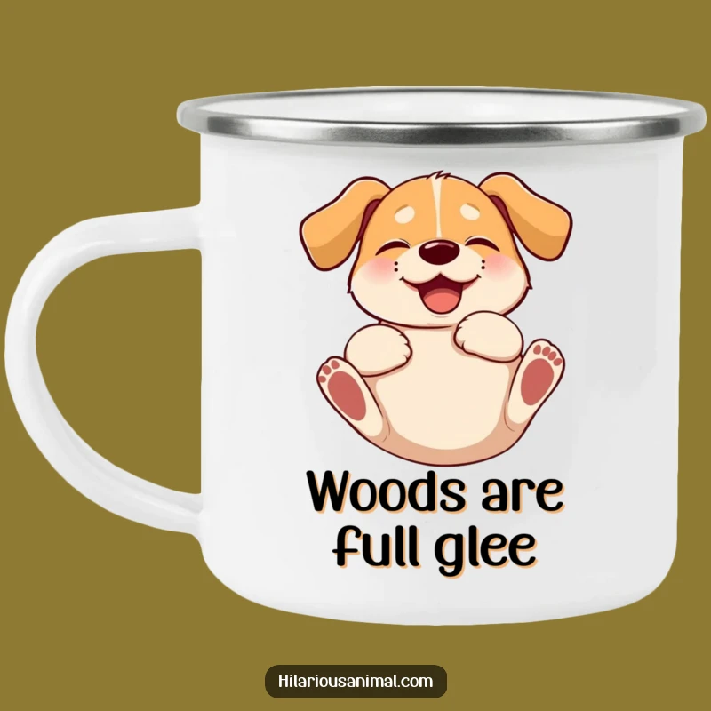 Funny Giggling Dog Camping Mug - Floppy Eared Pup Rolling with Glee, Outdoor Fun!