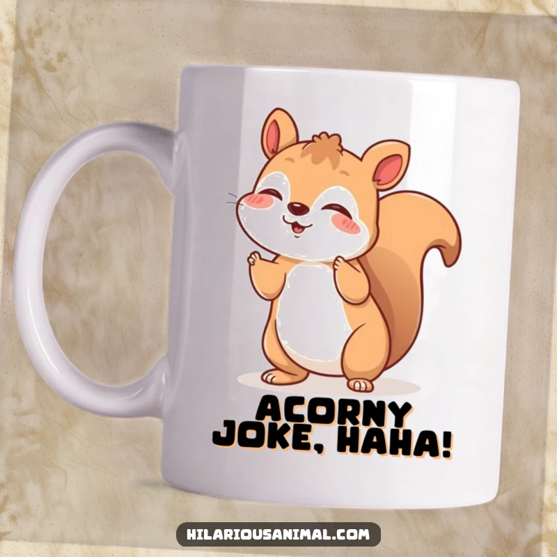 Funny mug featuring a cheerful squirrel shaking with silent, joyful laughter, an adorable funny gift.