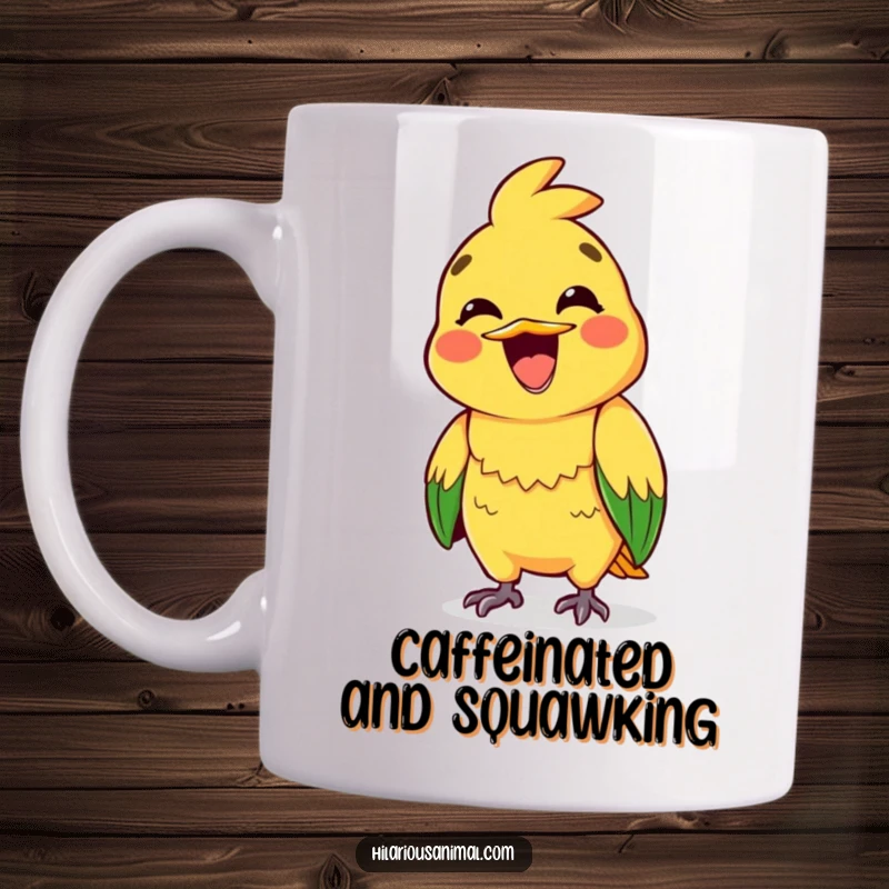 Funny mug featuring a brightly colored parrot with a huge, excited grin, caught in the middle of a loud squawk.
