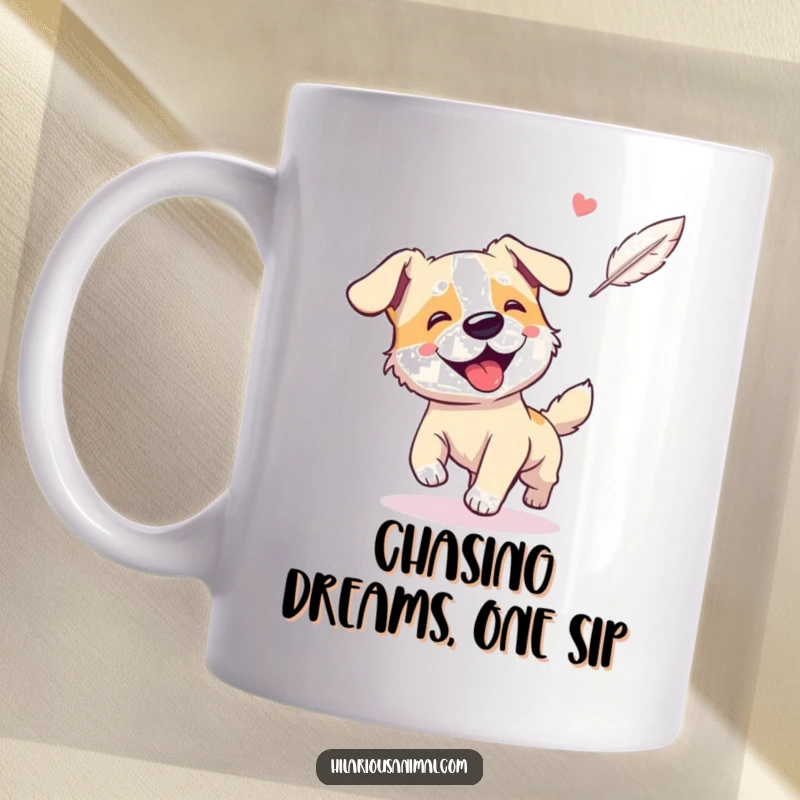 Funny mug featuring a giggling, panting dog in hot pursuit of a floating feather.