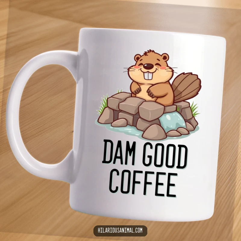 Funny chuckling beaver mug, industriously building a lopsided dam, showing a determined yet comical character focused on his quirky project.