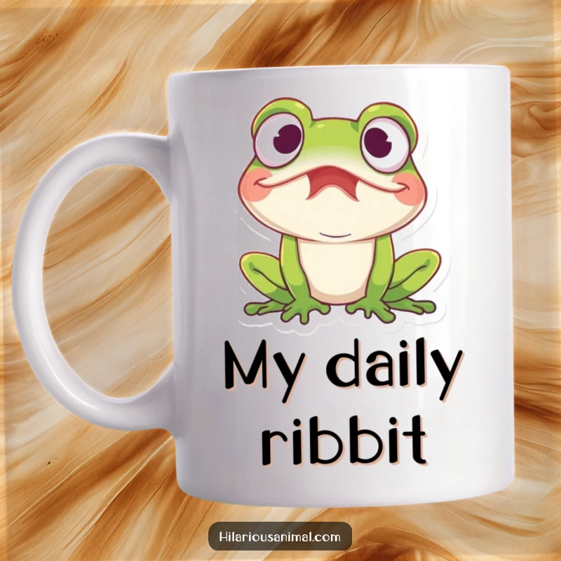 Funny amused frog mug, a frog with wide eyes caught in a fit of mirth, hilarious amphibian expression