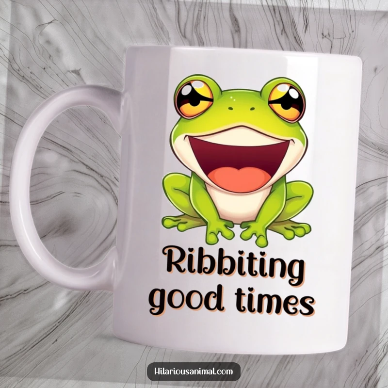 Funny mug featuring a green frog laughing uncontrollably, its eyes bulging comically with pure mirth.