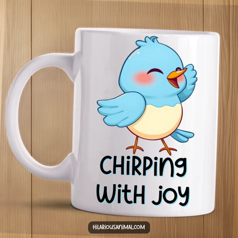 Funny mug showing a blue bird cackling heartily with one wing tucked under its head, looking utterly amused.