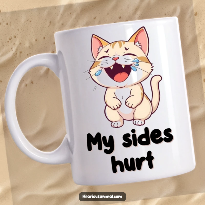 Funny cat mug with a tiny feline roaring with laughter, tears streaming from its eyes, conveying pure comedic joy.
