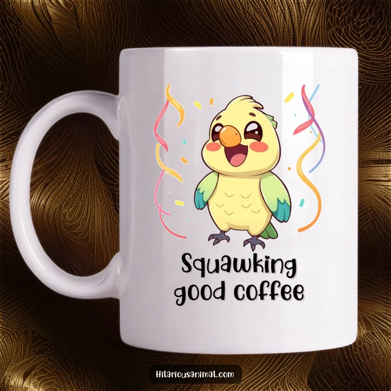 Funny joyful parrot with bright eyes chuckling amongst festive streamers on a mug, conveying celebration and humor, a funny gift.