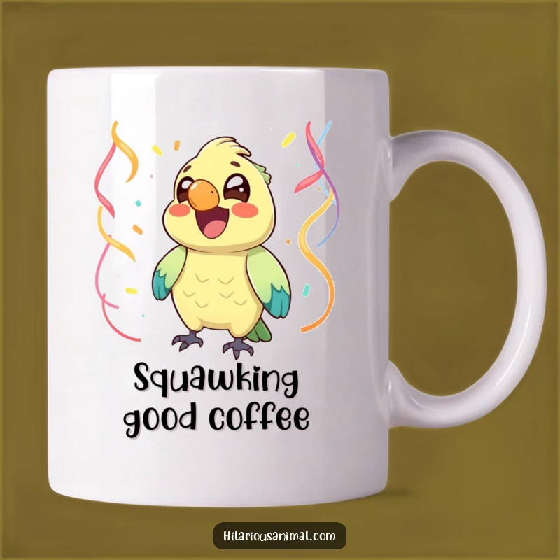 Funny Chuckling Parrot Mug: Streamer-Filled Joy, Festive and Funny Gift