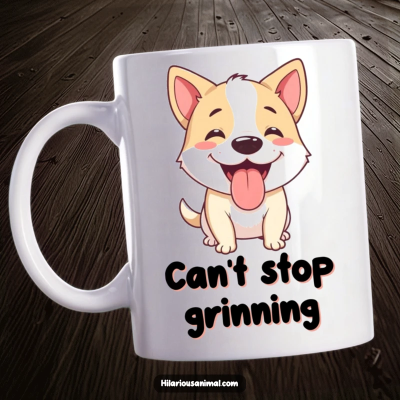 Funny dog mug featuring a happy dog panting with its tongue hanging out, captured mid-chuckle, radiating pure canine glee.
