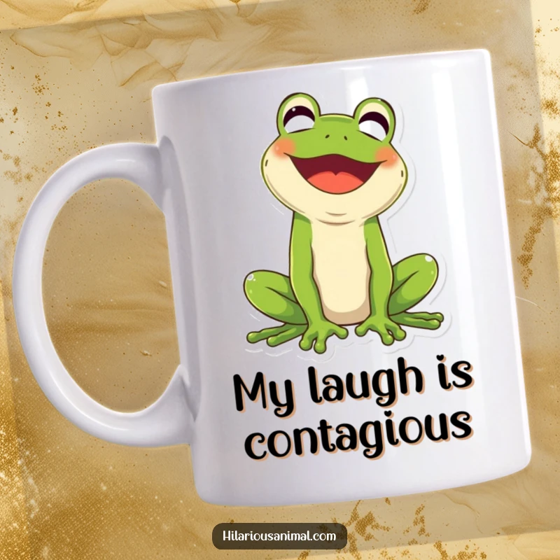 Funny green frog mug with mouth wide open in a hearty, contagious laugh, perfect for animal lovers.