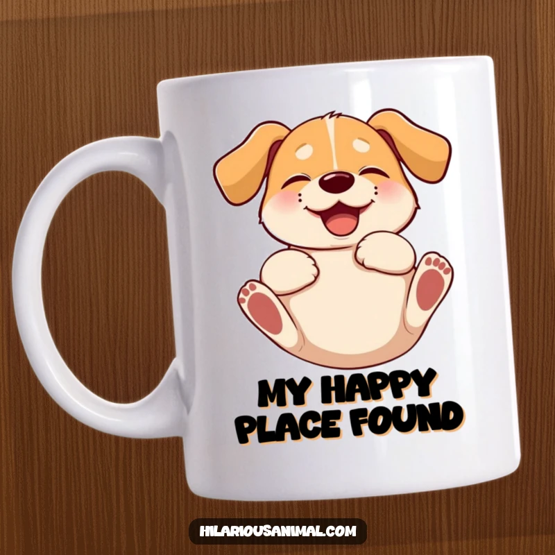 Funny dog mug with floppy ears rolling on its back with pure Giggling glee, showcasing a hilariously happy canine.