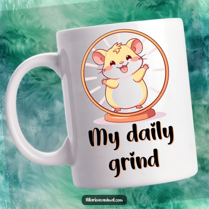 Funny Hamster Wheel Mug featuring a cheerful hamster spinning rapidly in its wheel, a hilarious symbol of energy and daily grind.