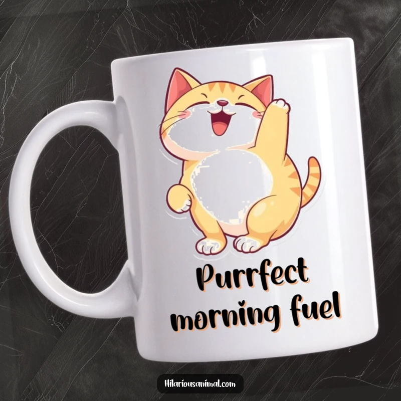 Funny happy cat mug, arching its back and chattering with delight, showcasing pure feline bliss and playful energy.