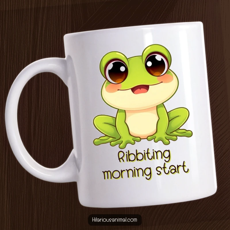 Funny happy frog mug with wide beaming eyes, caught mid-croak with a joyful expression, perfect for nature lovers and humor enthusiasts.