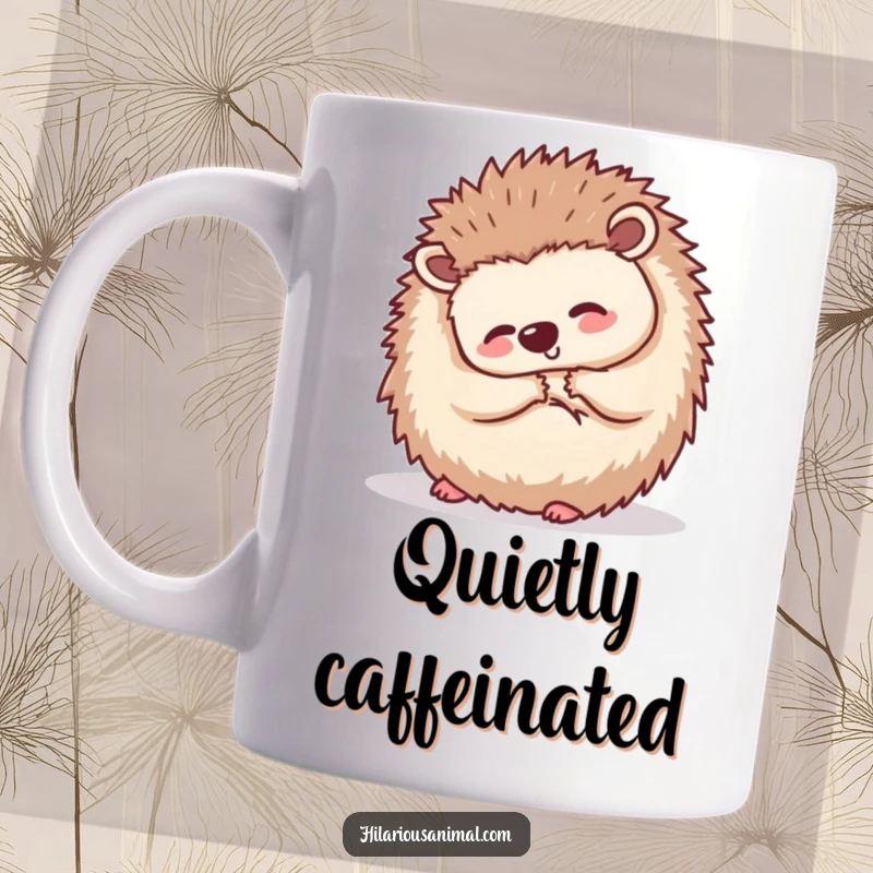 Funny small hedgehog curled into a ball, shaking with silent laughter, printed on a mug, radiating adorable, quiet amusement.