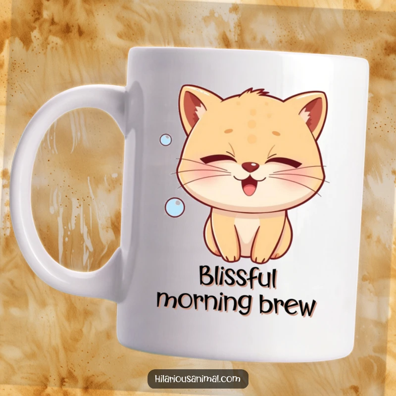 Funny whiskered animal with tightly shut eyes, emitting a bubble of joy, on a mug, conveying serenity and humor, a funny gift.
