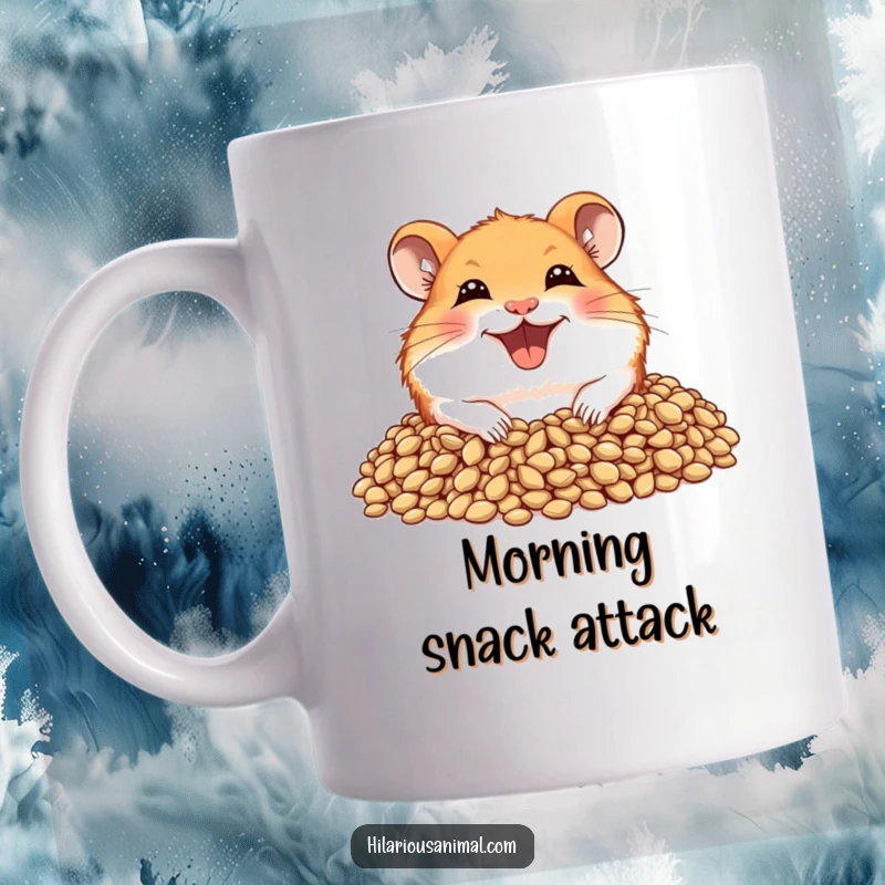 Funny hamster mug showing a joyful hamster with a wide grin peeking out from a pile of seeds.
