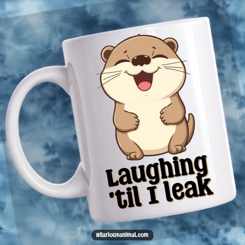 Funny otter mug depicting a beaming otter with eyes shut, holding its belly while laughing heartily.