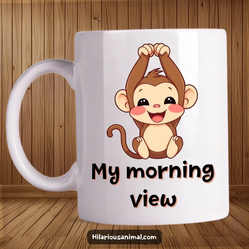 Funny monkey cub mug, hanging upside down with a big chuckle, perfect for a humorous and joyful start to the day.