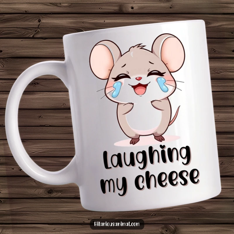 Funny small round mouse character laughing heartily, tears streaming down its face on a mug, a depiction of pure, uncontainable mirth, a funny gift.