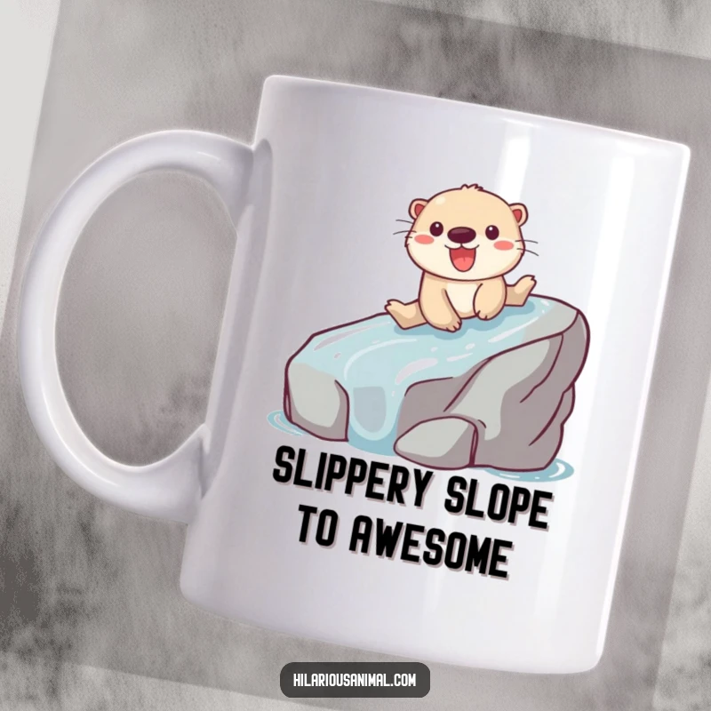 Funny mug featuring a playful otter joyfully sliding down a slippery rock with a gleeful expression.