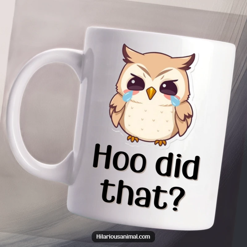 Funny tiny owl mug, beak open, laughing heartily with tears in its eyes, a wise and humorous gift.