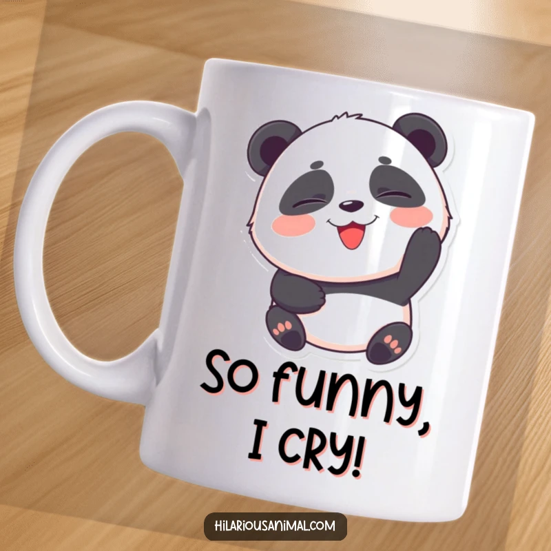 Funny Panda Cub Mug: A round panda cub with eyes squeezed shut, laughing heartily with sheer delight.
