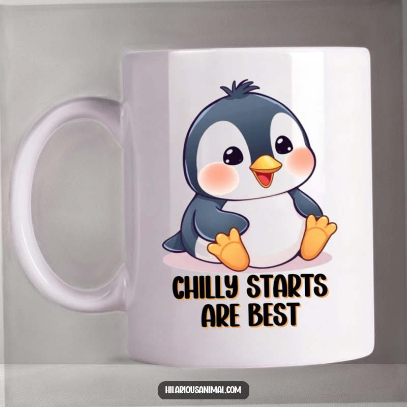 Funny penguin cub mug, happily sliding on its belly with a wide smile, conveying pure delight and playfulness.