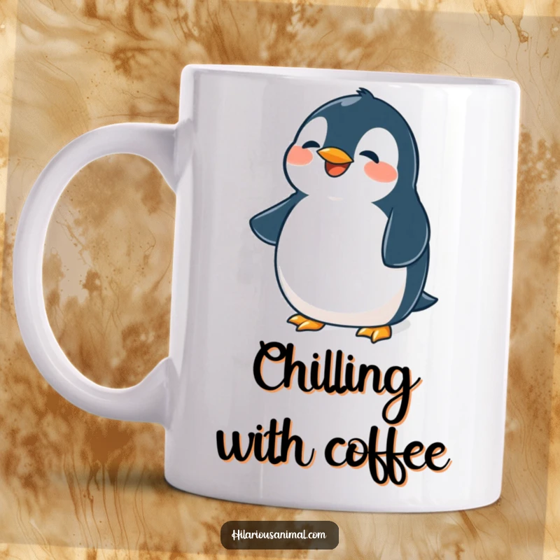 Funny cute plump penguin mug, its belly shaking from laughter, a delightful and humorous gift.