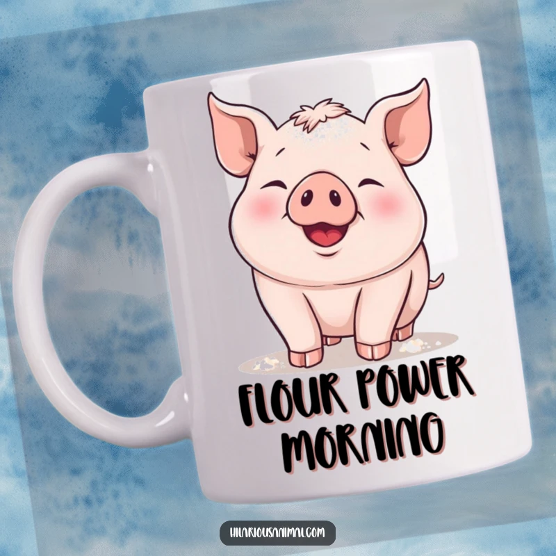 Funny piglet mug, a plump piglet snorting with delight, playfully covered in a light dusting of flour, looking absolutely adorable and happy.