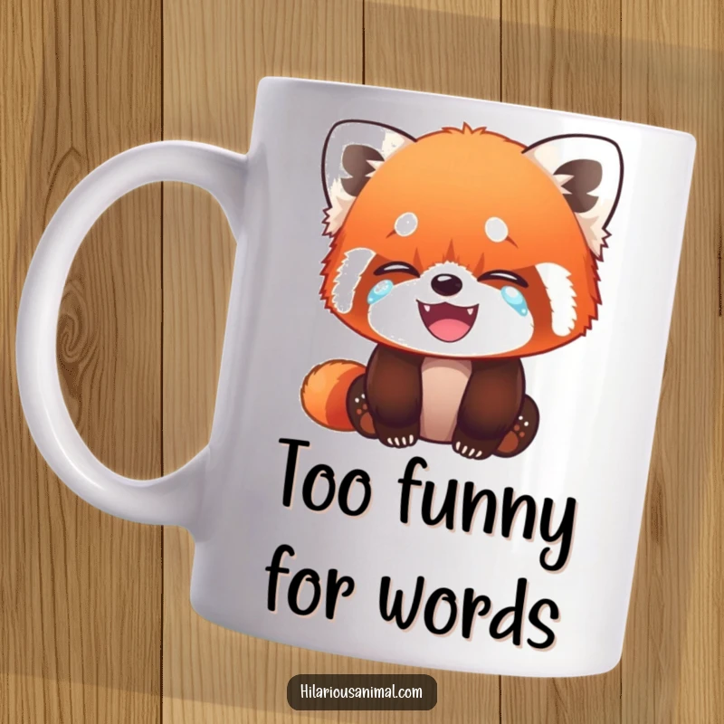 Funny Red Panda Cub Mug - Adorable cub wiping tears of laughter, expressing pure, unadulterated joy and humor.