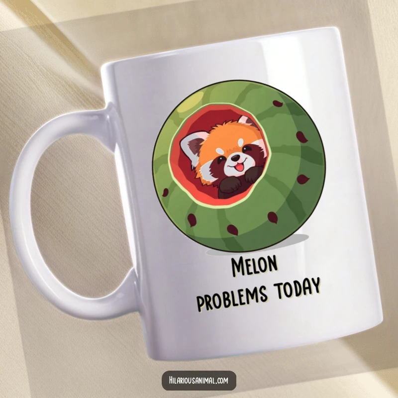 Funny red panda mug, a cute red panda comically stuck headfirst in a giant hollowed-out watermelon, looking bewildered and adorable.