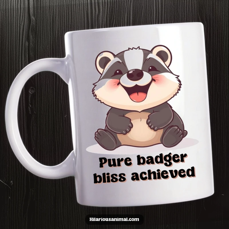 Funny Badger Mug featuring a delighted badger rolling on its back with a huge, infectious grin, pure joy personified for humor lovers.