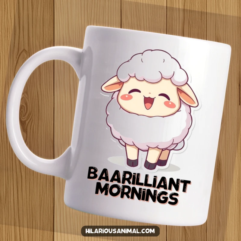 Funny joyful fluffy sheep character chuckling, head thrown back in delight on a mug, radiating happiness and warmth, a wonderful funny gift.