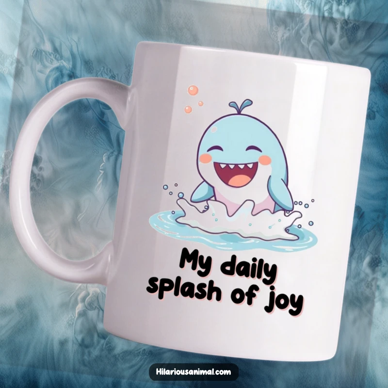 Funny mug featuring a smiling whale breaching the water, laughing joyfully, perfect for a humorous gift.