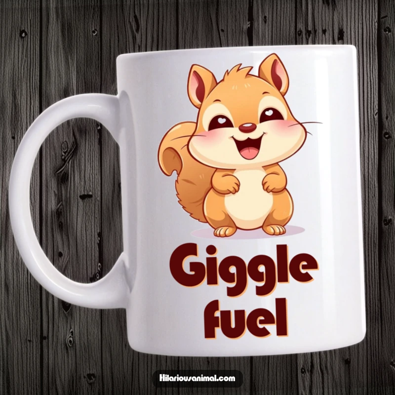 Funny happy squirrel with bright eyes, caught mid-laugh, printed on a mug, radiating pure joy and amusement, perfect for gift-giving.
