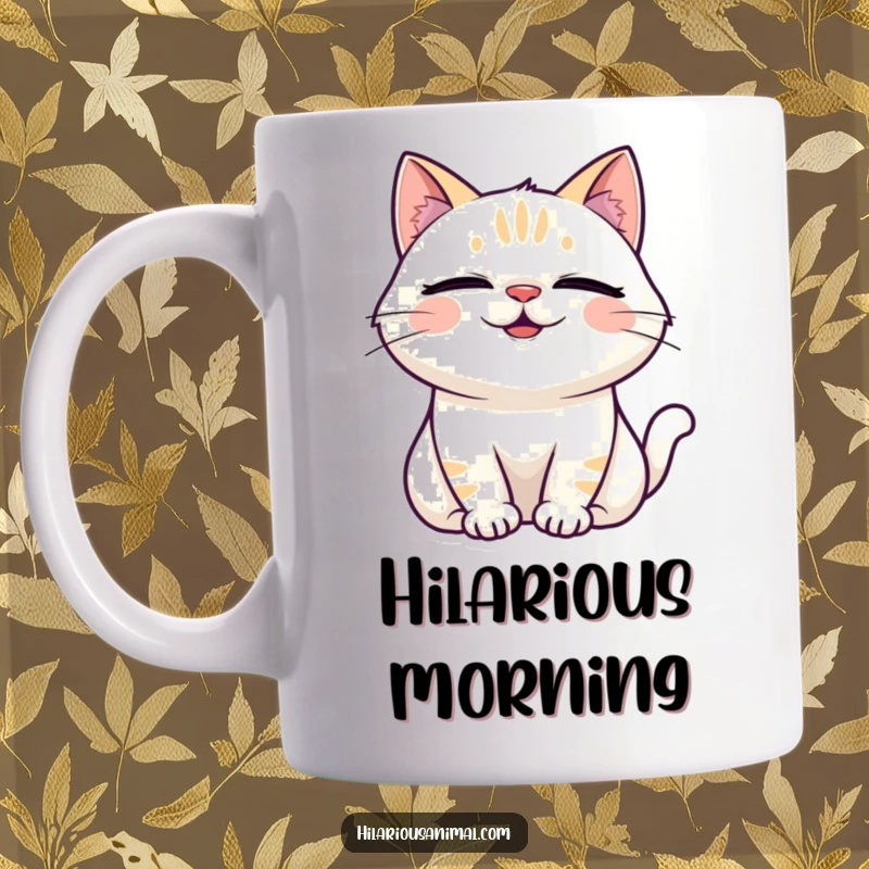 Funny Laughing Cat Mug featuring a fluffy cat with eyes squeezed shut, head tilted back in a moment of hearty laughter.