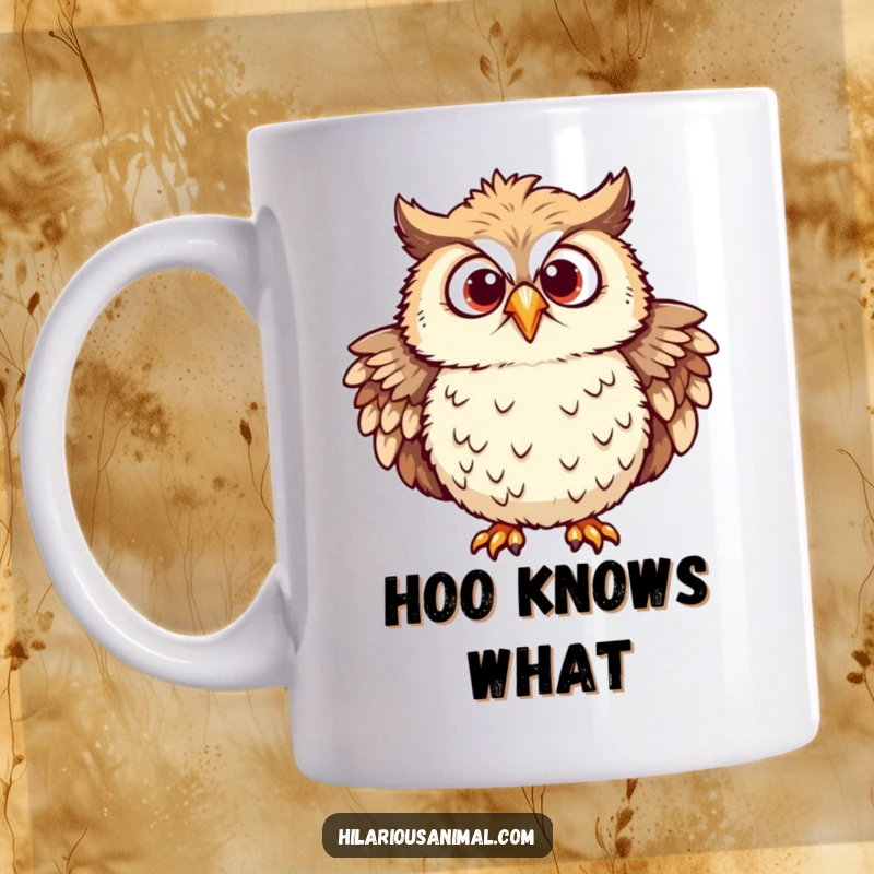 Funny owl mug with ruffled feathers and eyes wide with mirth, caught in a moment of chuckling amusement.