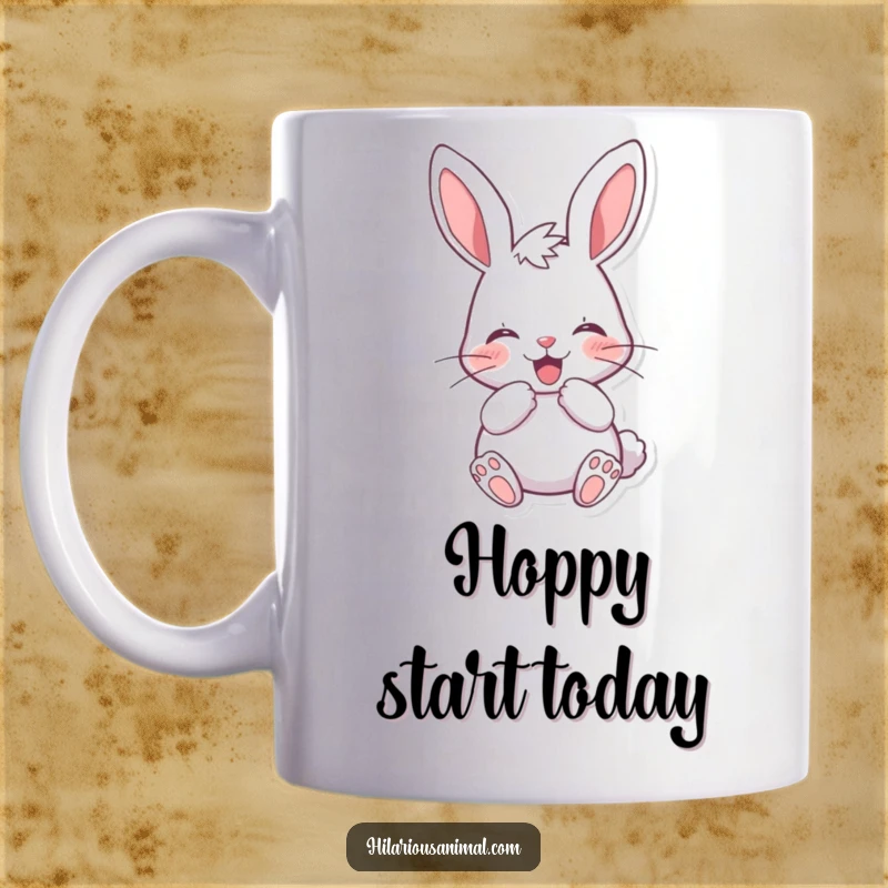 Funny cheerful bunny mug, muffling a laugh behind its paws, showing a cute, suppressed giggle and playful demeanor.