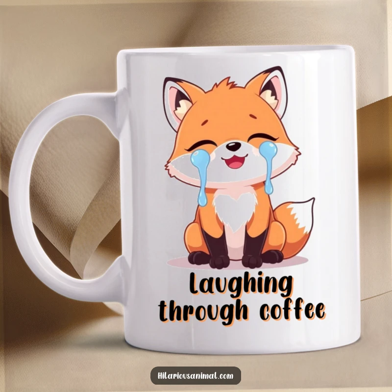 Funny Fox Laughing Tears Mug: A cute fox with eyes squeezed shut, tears of laughter streaming down its face, expressing extreme amusement.