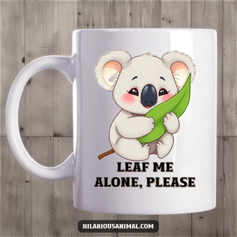 Funny koala cub mug, happily hugging a eucalyptus leaf with eyes crinkled in bliss, capturing adorable joy.
