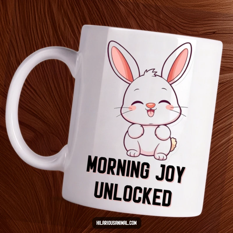 Funny bunny mug with a twitching nose and ears perked high in delightful amusement, radiating happiness.