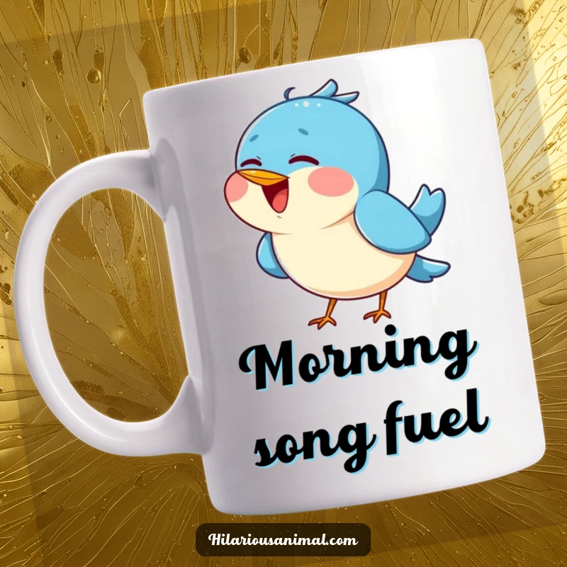 Funny Blue Bird Chirping Mug - A cheerful blue bird tilting its head back, singing joyfully with a happy expression, perfect for bird lovers.