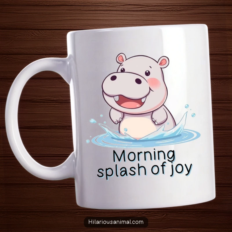 Funny hippo cub mug, beaming while splashing water with delight, capturing pure, joyful, water-loving energy.