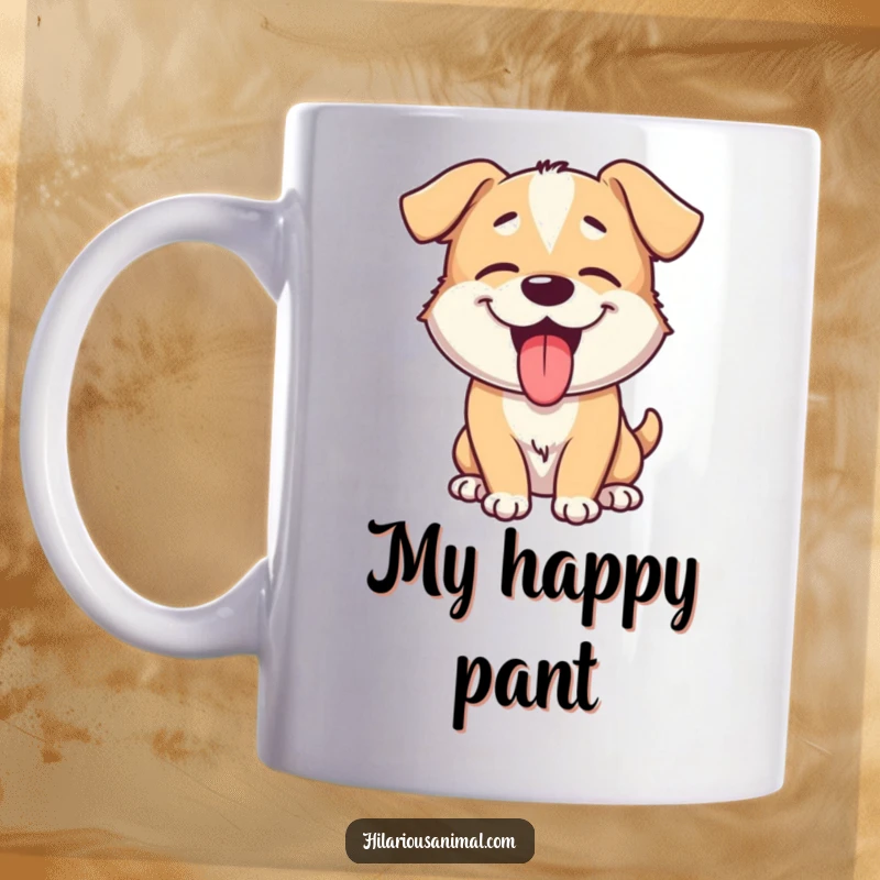 Funny dog mug with a giggling puppy tongue lolling out, panting playfully, radiating pure joy and silliness.