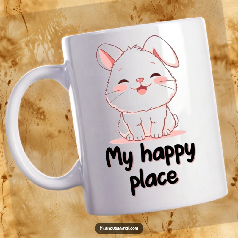 Funny bunny mug featuring a fluffy white rabbit snorting with glee, ears flopped adorably, expressing pure, contagious happiness.