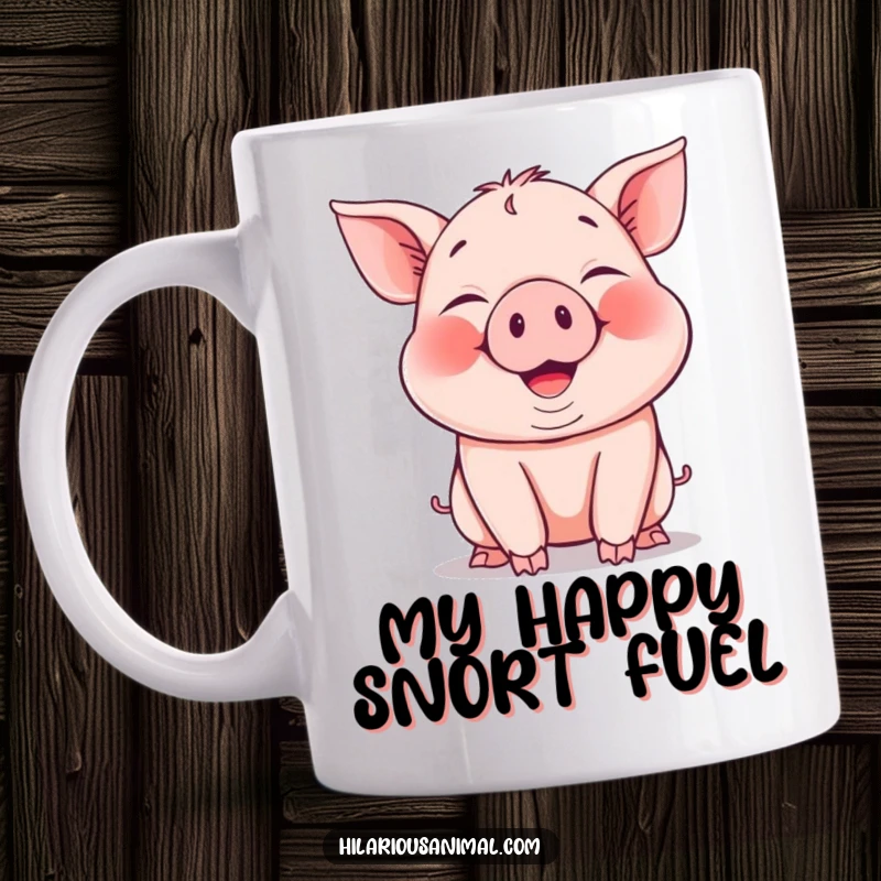 Funny Piglet Mug showing a happy pig snorting with laughter, cheeks puffed out, bringing joy and amusement.