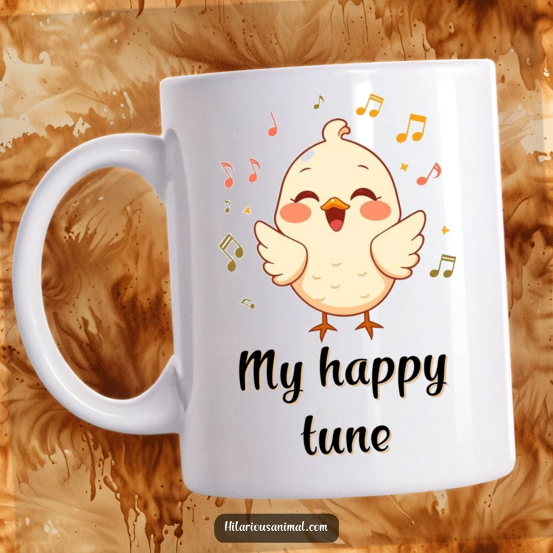 Funny cheerful bird mug, a bird chirping with laughter surrounded by musical notes, a symphony of joy