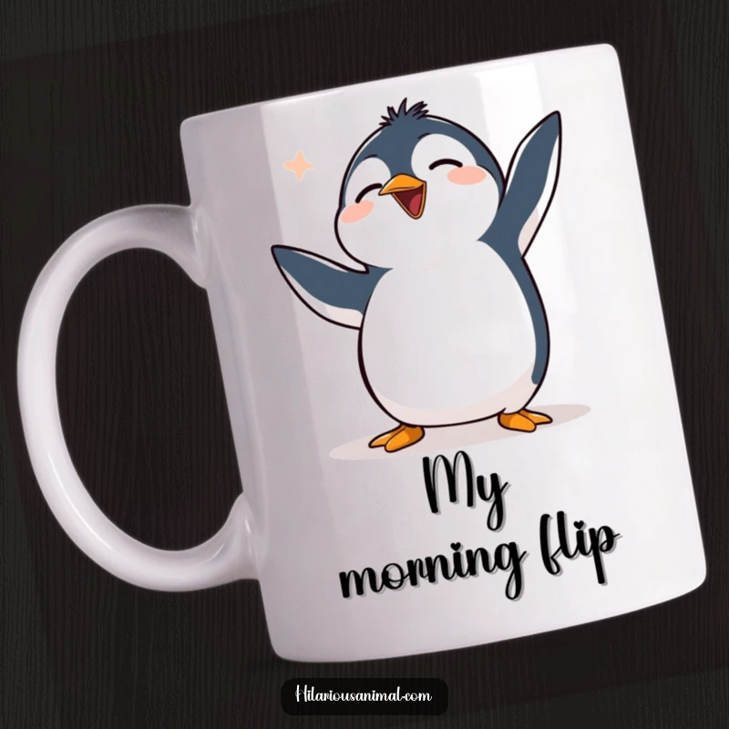 Funny penguin mug depicting a clumsy penguin flapping flippers uncontrollably while chuckling with glee, a hilarious scene