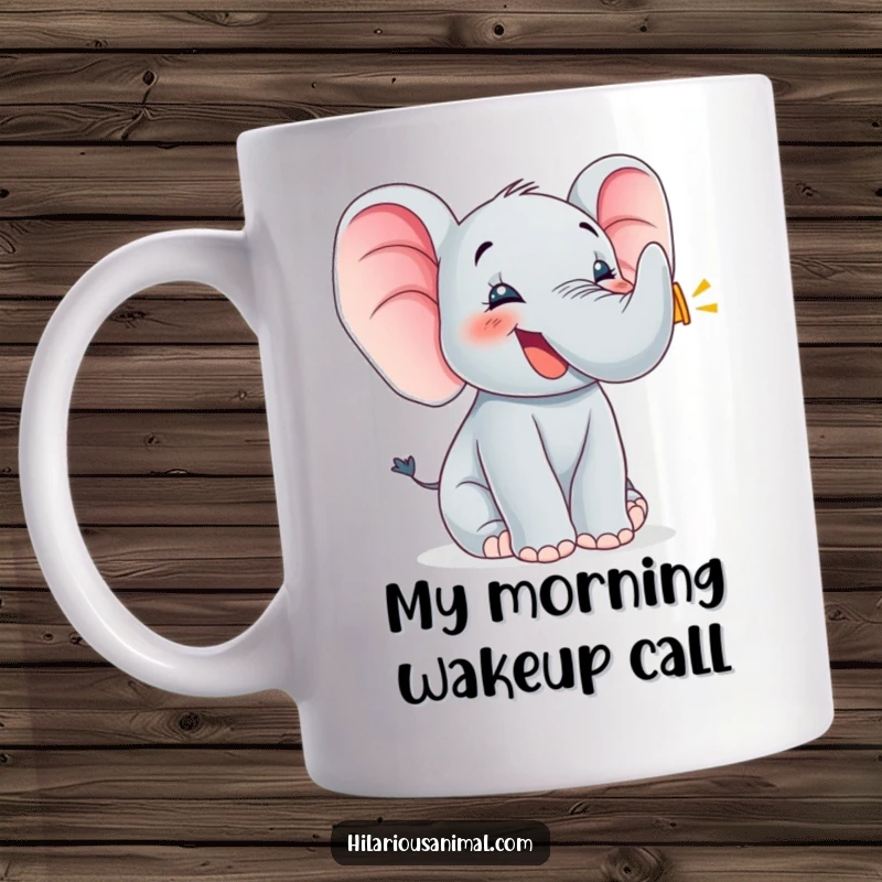 Funny elephant cub trumpeting with joy, ears flapping wildly, printed on a ceramic mug, symbolizing pure happiness and laughter.